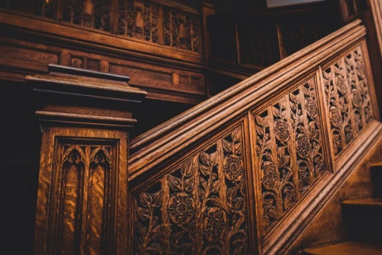 Indoor wooden staircase railings
