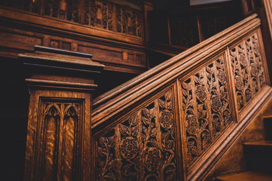 Indoor wooden staircase railings